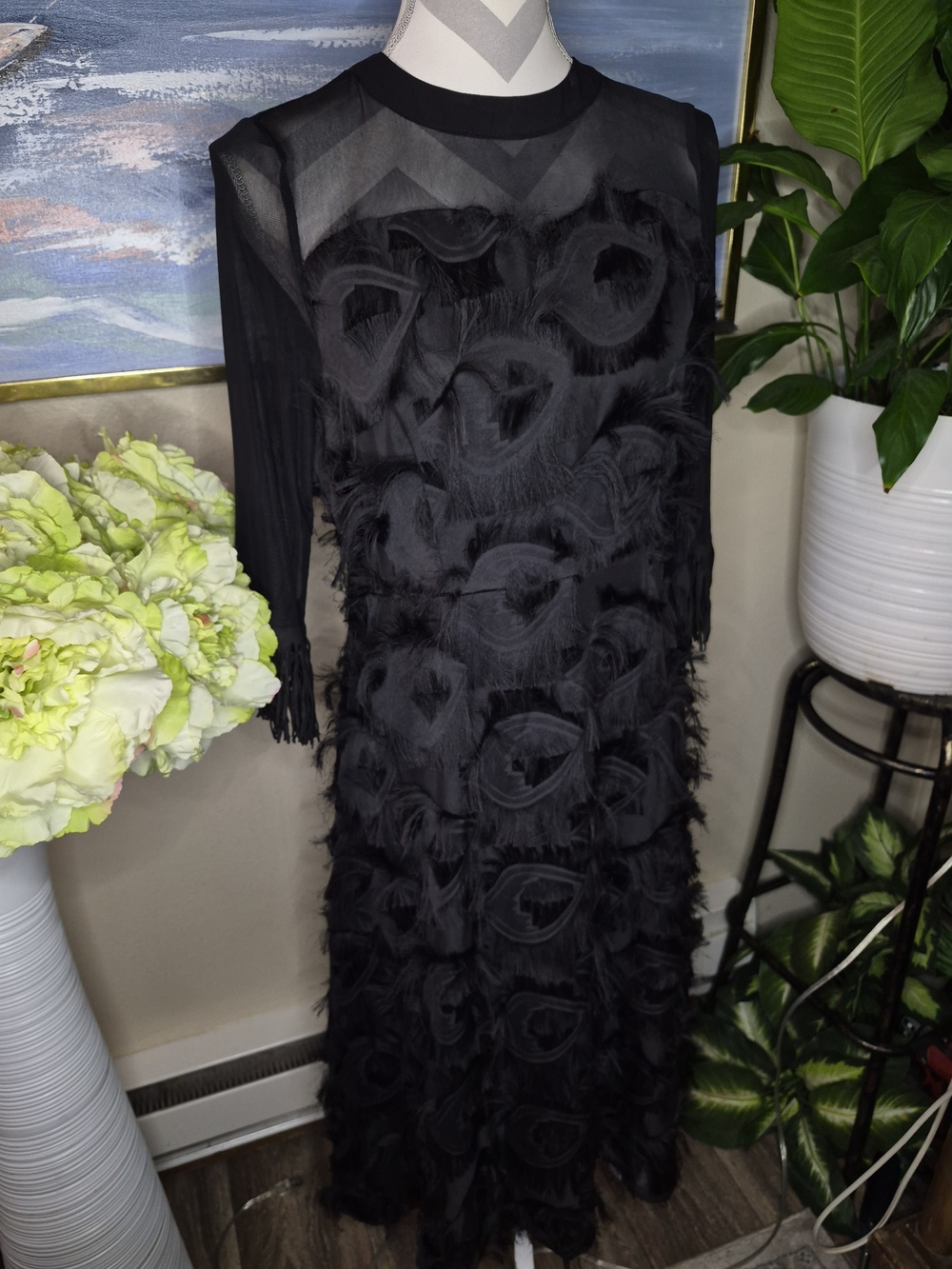 Mislook Womens Black Fringe Textured Sheer-Top Midi Dress
